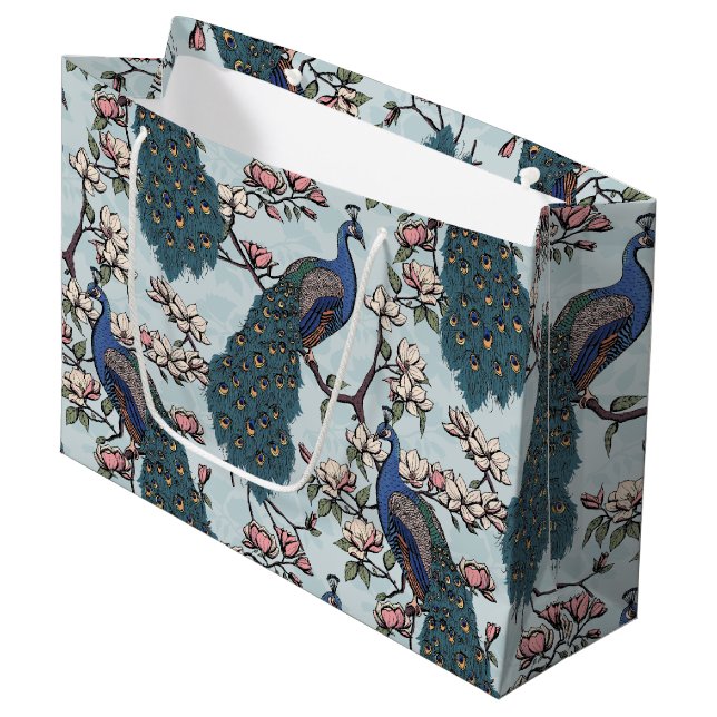 Elegant Teal Floral Peacocks and Magnolia Flowers Large Gift Bag (Front Angled)