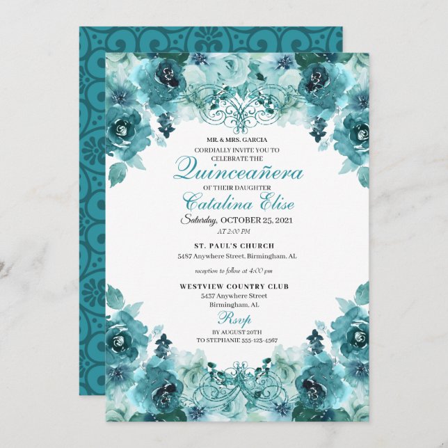 Elegant Teal Floral Quinceanera Birthday Invitation (Front/Back)