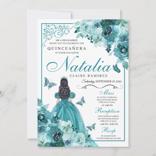 Elegant Teal Floral Quinceanera Birthday Invitation (Front)