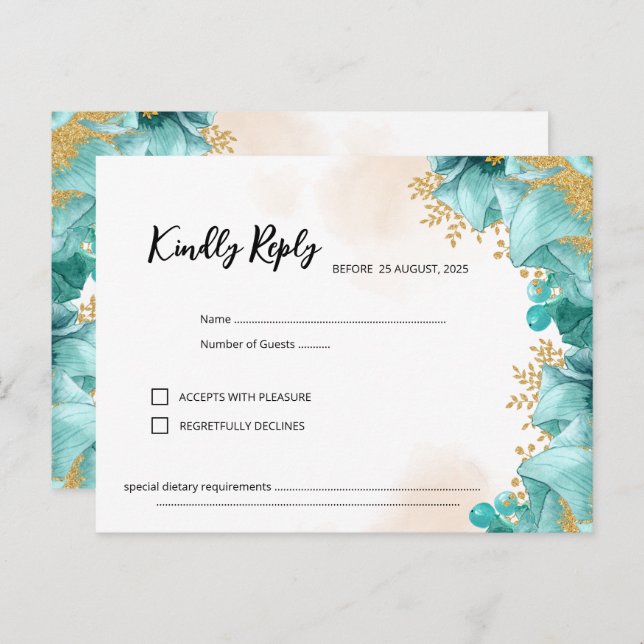 Elegant Teal Floral RSVP Card (Front/Back)