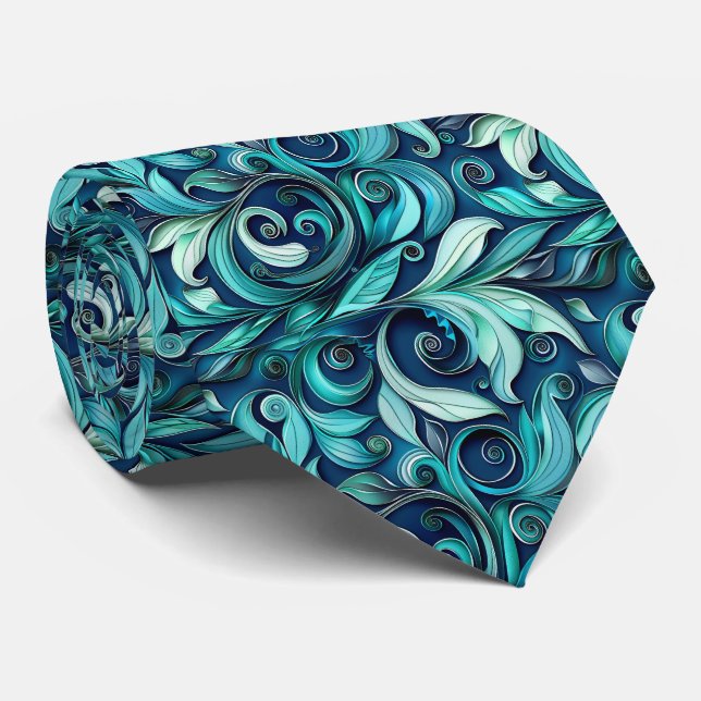 Elegant teal floral tiled pattern tie (Rolled)