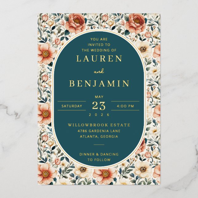 Elegant Teal Floral Wedding Invitation (Front)