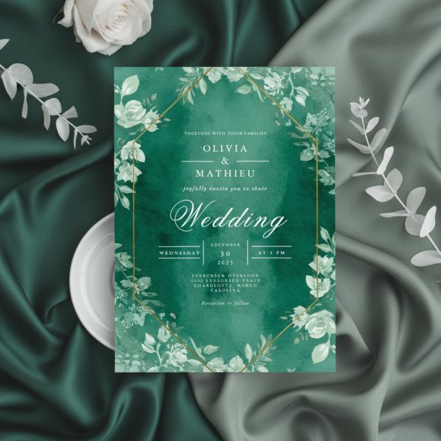 Elegant Teal Floral Wreath Wedding Invitation (Creator Uploaded)