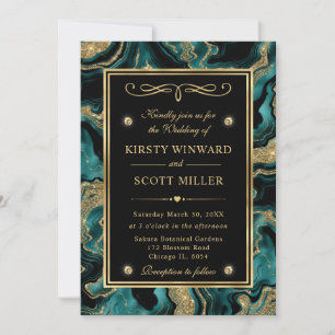 Elegant Teal Foil and Gold Glitter Agate Wedding Invitation