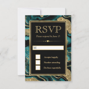 Elegant Teal Foil and Gold Glitter Agate Wedding RSVP Card