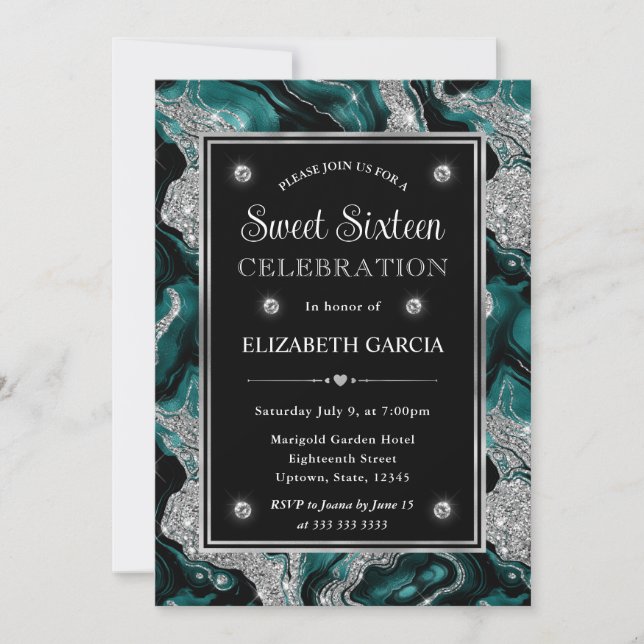 Elegant teal Foil & Silver Glitter Agate Sweet 16 Invitation (Front)