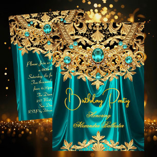 Elegant Teal Gems Gold Lace Damask Birthday Party Invitation