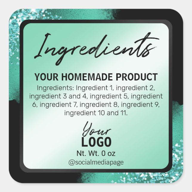 Elegant Teal Glitter And Ink Ingredient Labels (Front)