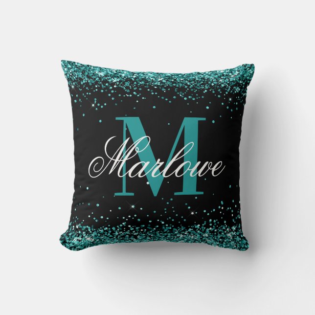 Elegant Teal Glitter Black Monogram Cushion (Front)