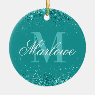 Elegant Teal Glitter Blue Green Monogram Ceramic Tree Decoration