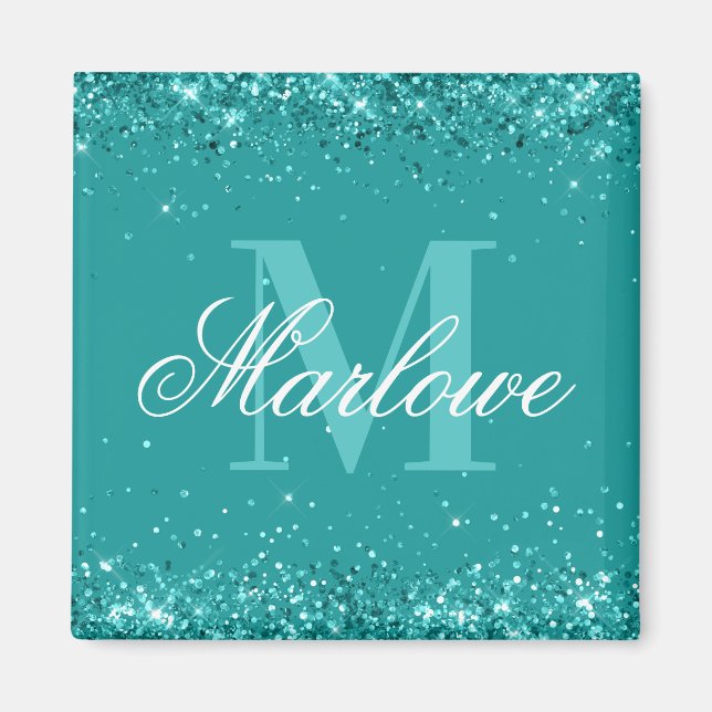 Elegant Teal Glitter Blue Green Monogram Magnet (Front)