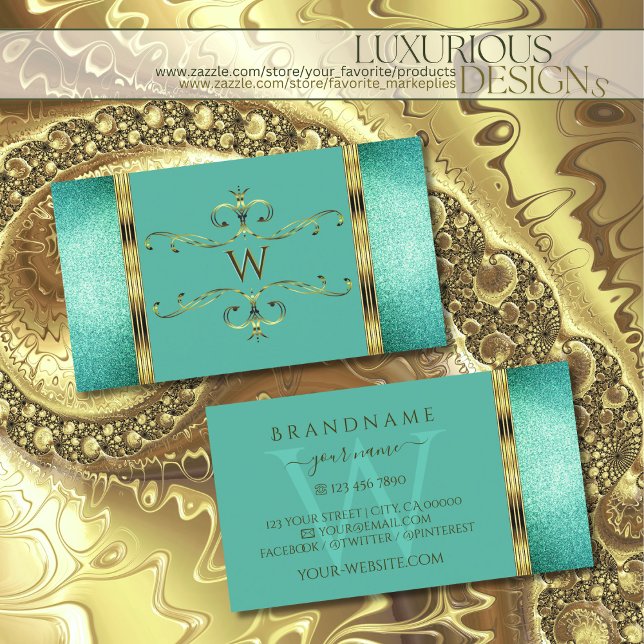 Elegant Teal Glitter Gold Border Ornate Monogram Business Card (Creator Uploaded)