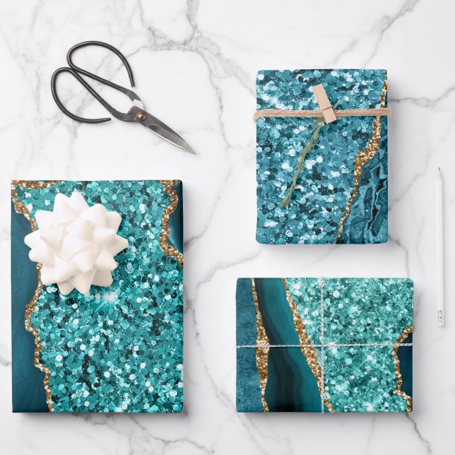 Elegant Teal Glitter Ocean Agate Birthday Party Wrapping Paper Sheet (Front)