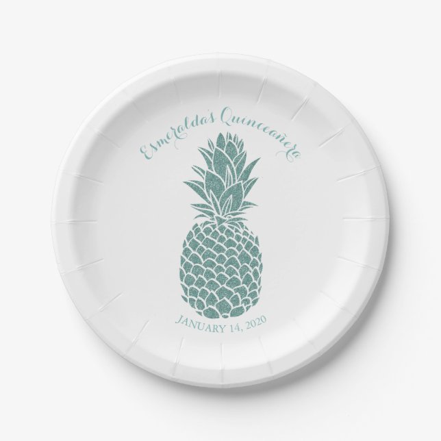 Elegant Teal Glitter Pineapple Quinceanera Party Paper Plate (Front)