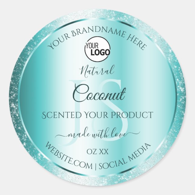 Elegant Teal Glitter Product Labels Monogram Logo (Front)