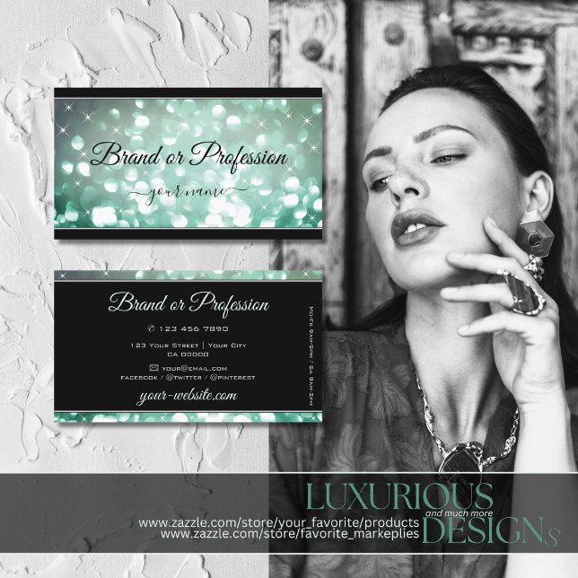 Elegant Teal Glitter Sparkle Stars Black Modern Business Card (Creator Uploaded)