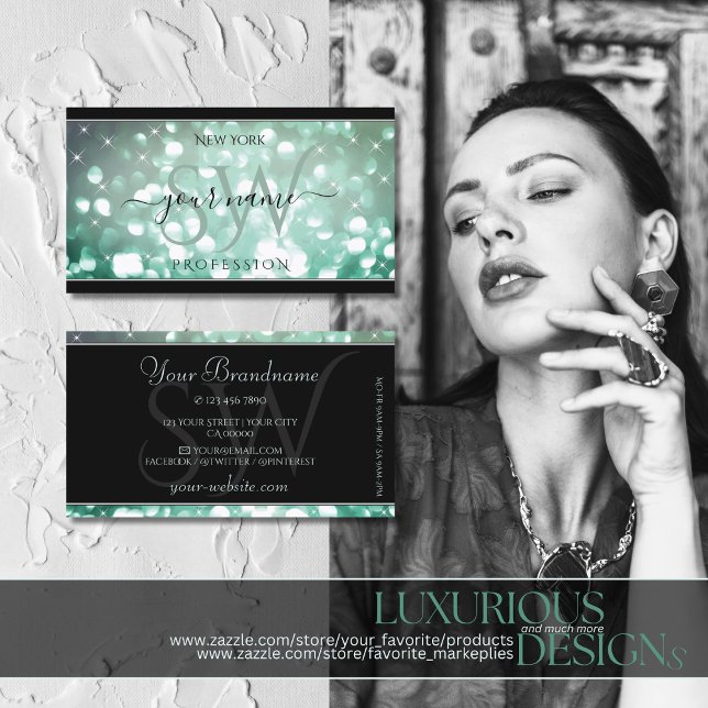 Elegant Teal Glitter Sparkle Stars Initials Black Business Card (Creator Uploaded)