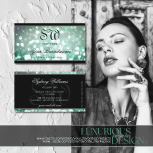 Elegant Teal Glitter Sparkle Stars Monogram Black Business Card