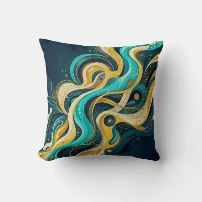 Elegant Teal Gold Abstract Flow Art Cushion (Front)