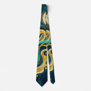 Elegant Teal Gold Abstract Flow Art Tie