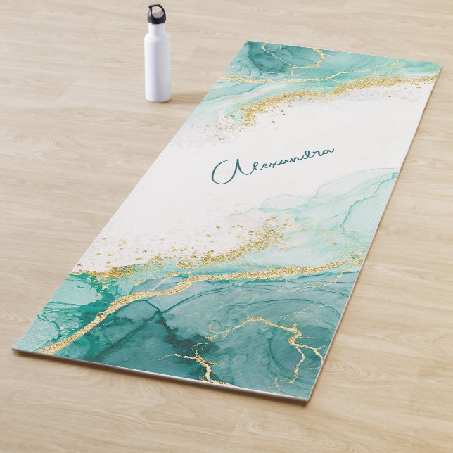 Elegant Teal Gold Abstract Watercolor Custom Name  Yoga Mat (In Situ)