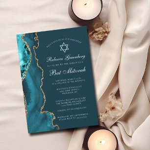 Elegant Teal Gold Agate Bat Mitzvah Party Invitation