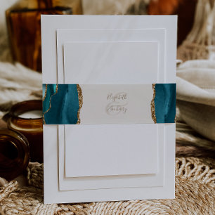 Elegant Teal Gold Agate Ivory Wedding Invitation Belly Band