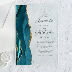 Elegant Teal Gold Agate Script Wedding Acrylic Invitations