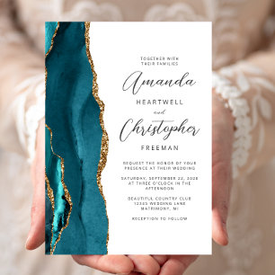 Elegant Teal Gold Agate Script Wedding Invitation