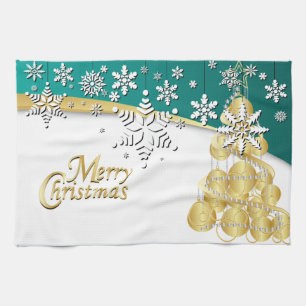 Elegant Teal, Gold and White Christmas Tea Towel