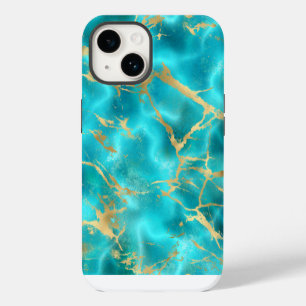 Elegant Teal Gold Aqua Blue Marble iPhone 14 Case