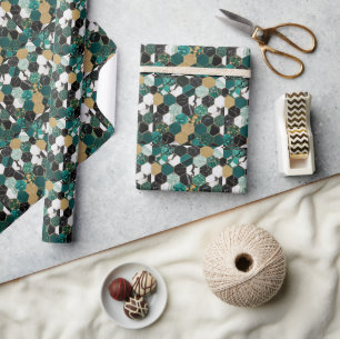 Elegant Teal, Gold & Black Geometric Marble Wrapping Paper