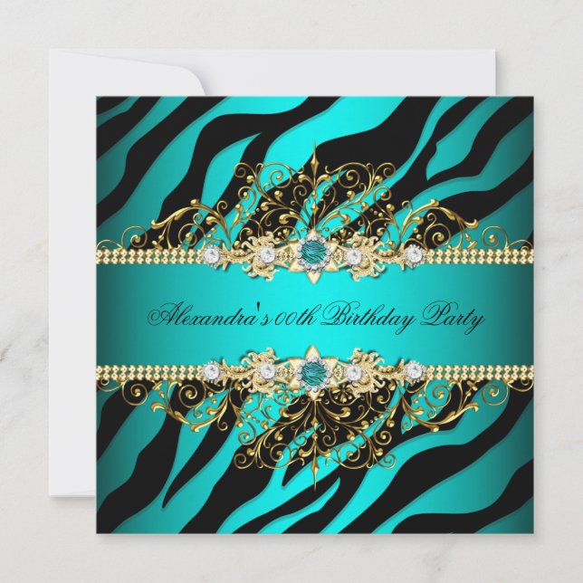 Elegant Teal Gold Black Zebra Birthday Party 2 Invitation (Front)