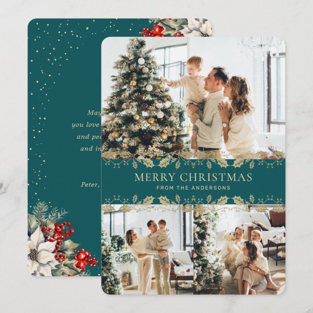 Elegant Teal Gold Botanical Photo Christmas Card (Front/Back)
