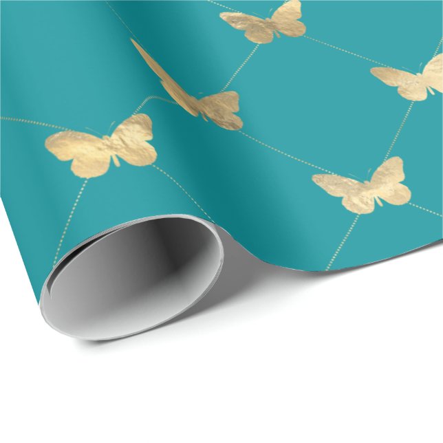 Elegant Teal Gold Butterfly Pattern Wrapping Paper (Roll Corner)