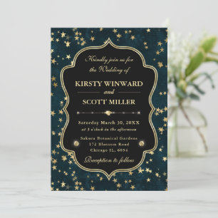 Elegant Teal & Gold Celestial Starry Wedding Invitation