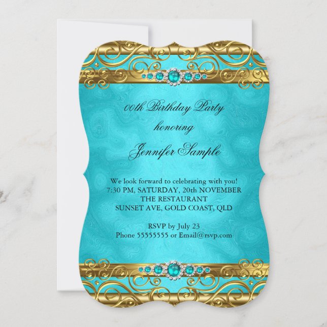 Elegant Teal Gold Damask Pearl Birthday Party Invitation (Front)