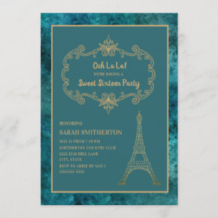 Elegant Teal Gold Eiffel Tower Sweet 16 Invitation