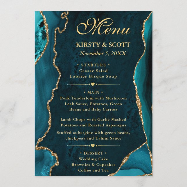 Elegant Teal & Gold Faux Glitter Agate Wedding Menu (Front)
