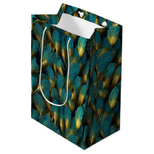 Elegant Teal Gold Feathers Medium Gift Bag
