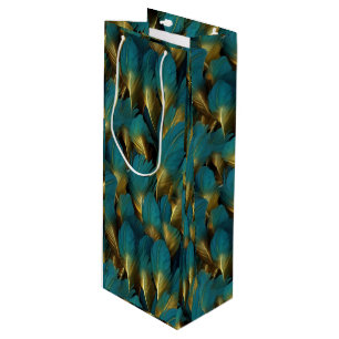 Elegant Teal Gold Feathers Wine Gift Bag