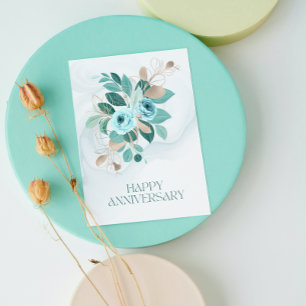 Elegant Teal Gold Floral Happy Anniversary  Holiday Card