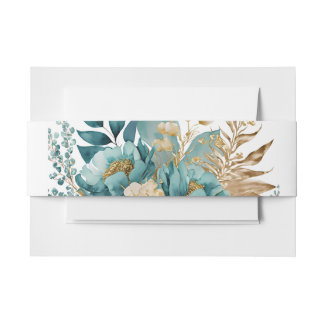 Elegant Teal & Gold Floral  Invitation Belly Band