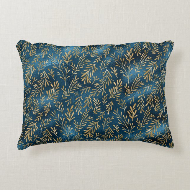 Elegant Teal Gold Floral Metallic Stylish Pretty Decorative Cushion (Front)
