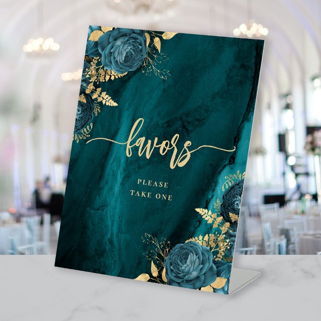 Elegant Teal Gold Floral Wedding Favours Pedestal Sign (Creator Uploaded)