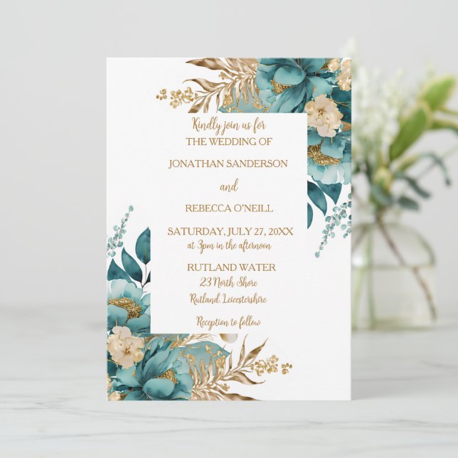 Elegant Teal & Gold Floral wedding Invitation (Standing Front)