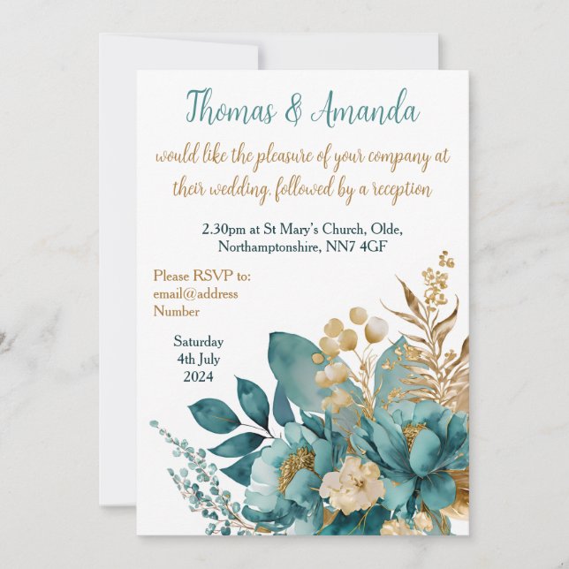 Elegant Teal & Gold Floral wedding Invitation (Front)
