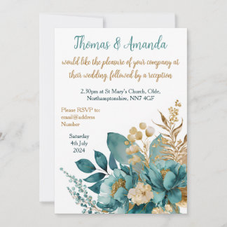 Elegant Teal & Gold Floral wedding Invitation
