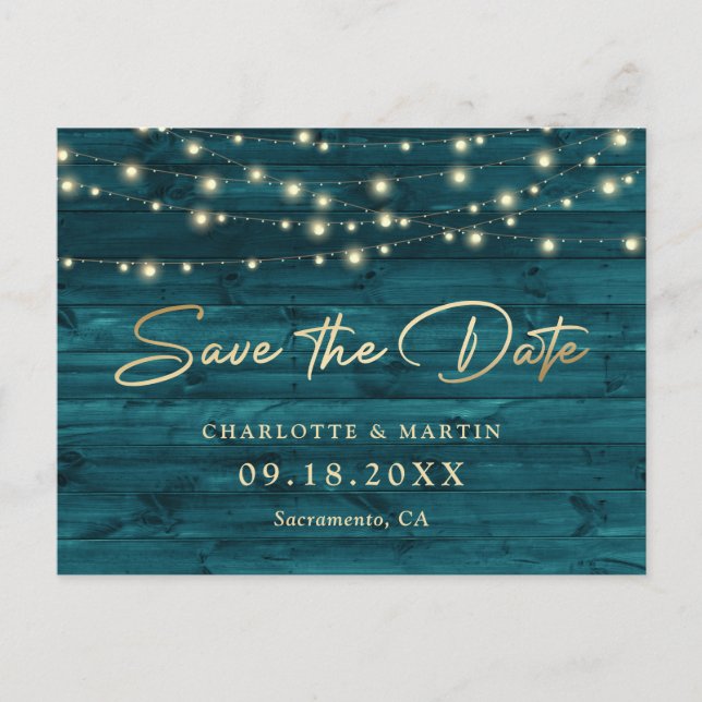 Elegant Teal Gold Foil Wood Save The Date Announcement Postcard (Front)
