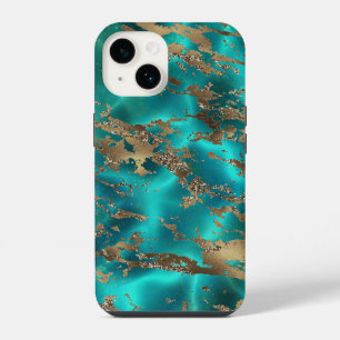 Elegant Teal Gold Gemstone Marble iPhone 14 Case